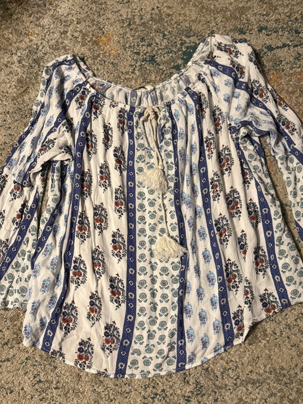 Women's Off-Shoulder Boho Tunic in White and Blue